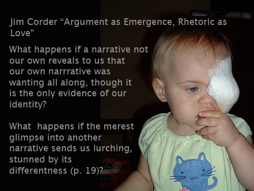 Corder: What happens if a narrative not our own reveals to us that our own narrative was wanting all along, though it is the only evidence of our identity? What happens if the merest glimpse into another narrative sends us lurching, stunned by its differentness? (19).