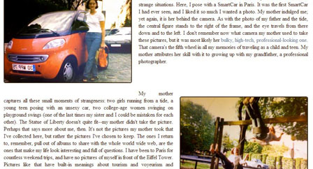 A screenshot of Cagle's family album page, which includes text, a picture of her next to a very small car and a picture of her and her sister on a swingset