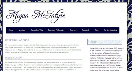 A screenshot of Megan's research page, including a description of her research agenda and dissertation