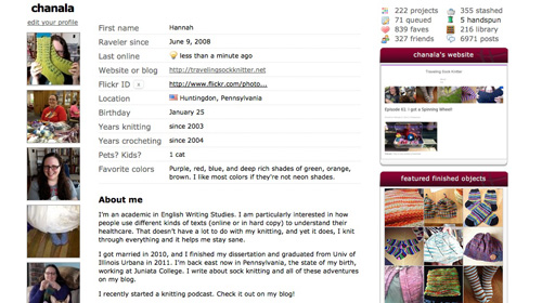 Screenshot of Hannah's profile page on Ravelry, showcasing the general layout of the site and previewing her avatar and projects.