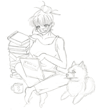 Susie in pajamas, crosslegged, with a laptop and dog, an original pencil sketch
