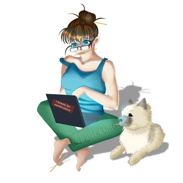 Susie in pajamas, crosslegged, with a laptop and dog, in full color