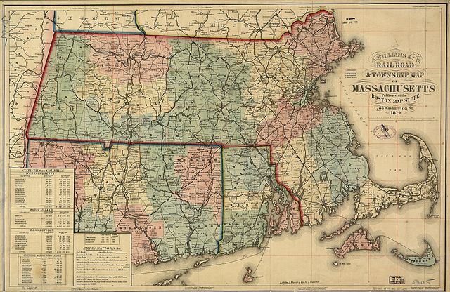 Map of Massachusetts townships and railroads in 1879.