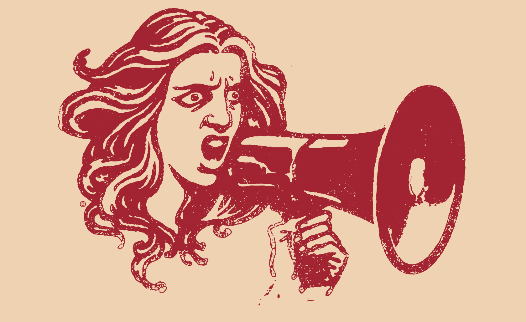 red print of woman holding megaphone