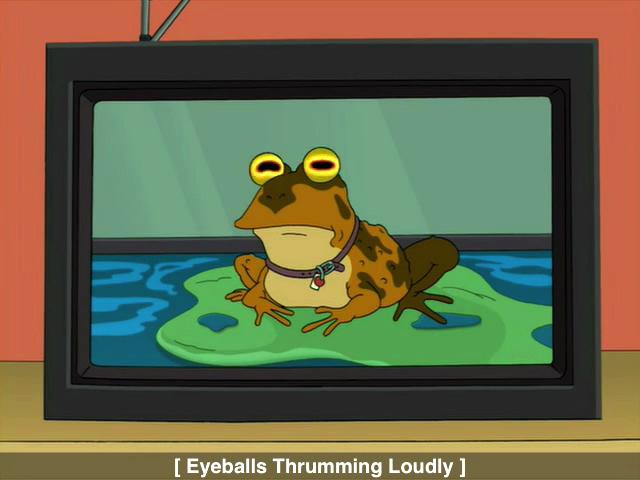 Screenshot of Hypnotoad from the Episode 'Bender Should Not Be Allowed on TV' on TV with caption: [sustained electrical buzzing]