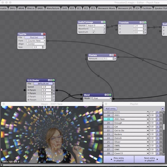 A screenshot with many tabs at the top, small windows connected by arrows in the middle, and an image of Joyce at the bottom with a kaleidoscopic visual effect over her face