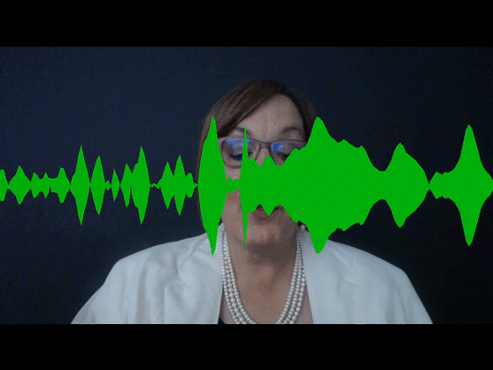 green sound wave forms fluctuate and move in front of Joyce's face