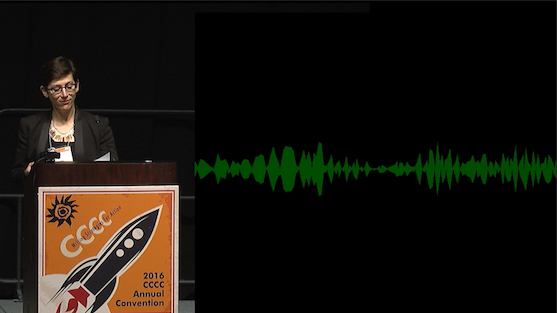 Linda Adler-Kassner at the podium on the left third; on the right two-thirds is a green sound waveform