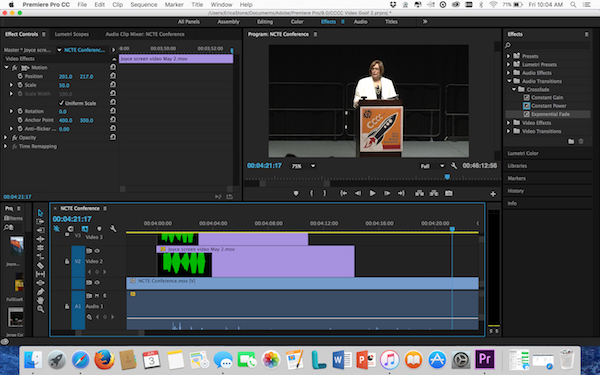 A group of Premiere Pro windows: On the upper left, a list of effect controls, on the upper right, an image of Joyce at a podium; at the bottom, a bars representing visual and audio files