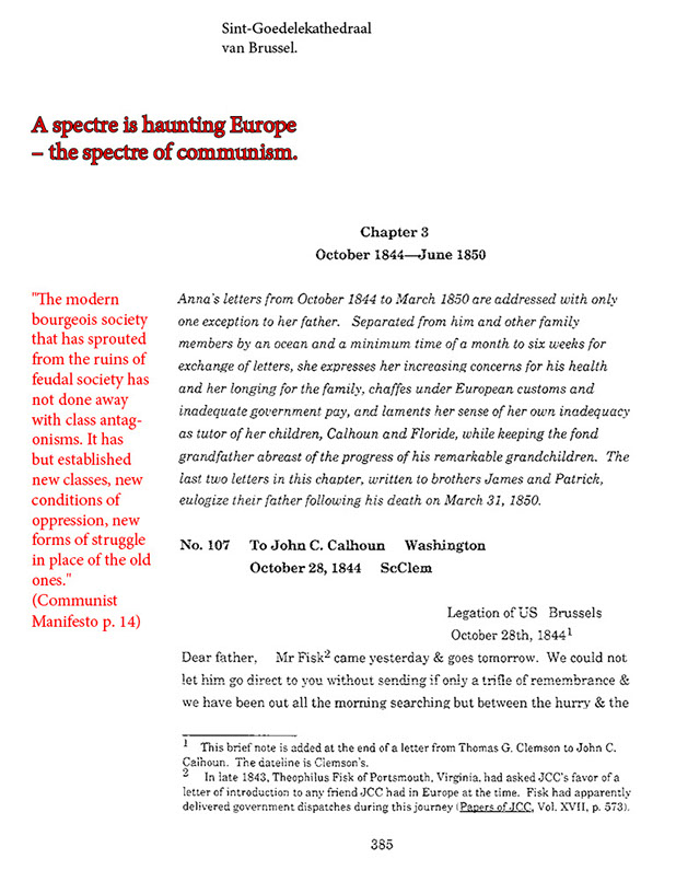 quotation in red from the Communist Manifesto on the left; excerpts from letters on the right; 'A spectre is hauting Europe—the spectre of communism' in red letters at the top