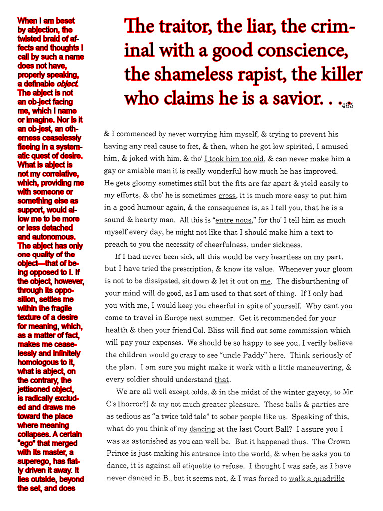 text-heavy image of letter annotated with red block quotations; one reads: The traitor, the liar, the criminal with a good conscience, the shameless rapist, the killer who claims he is a savior....