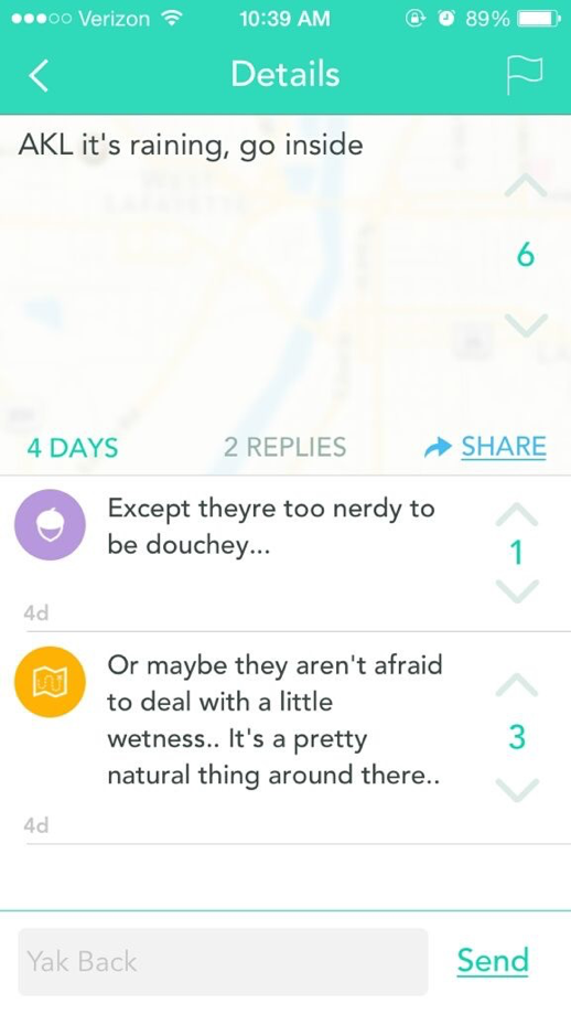 Screenshot of Yik Yak post and replies, Spring 2015.