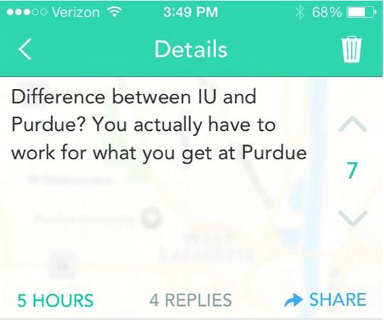 Screenshot of Yik Yak post, Spring 2015. Original post reads, 'Difference between IU and Purdue? You actually have to work for what you get at Purdue.'