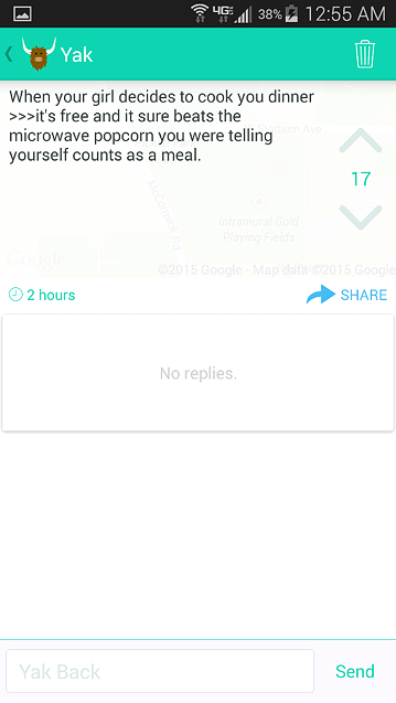 Screenshot of Yik Yak post and replies, Spring 2015. Original post reads, 'When your girl decides to cook you dinner>>>it's free and it sure beats the microwave popcorn you were telling yourself counts as a meal.'