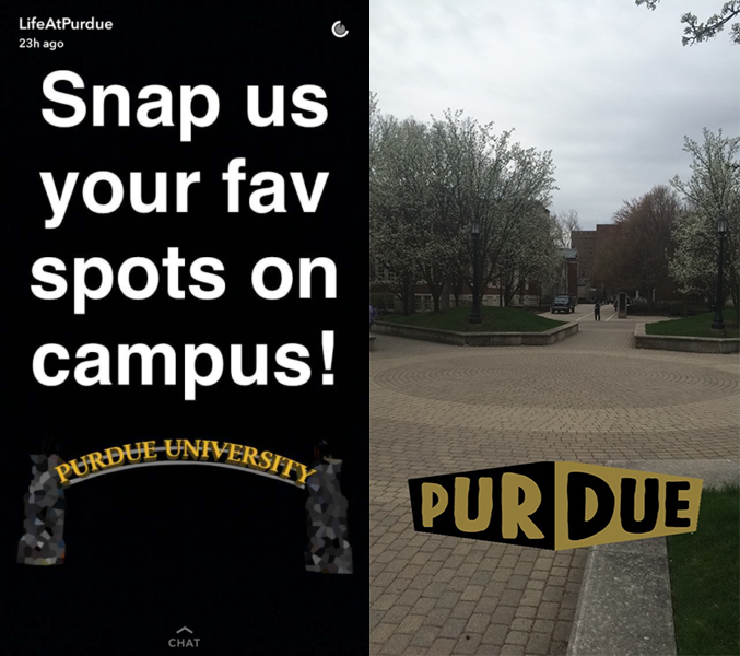 Screenshots of Snapchat filters on Purdue's campus, Spring 2017. Both feature Purdue-specific images, including the name and black and gold logos (the school colors).