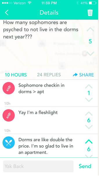 Screenshot of Yik Yak post and replies, Spring 2015. Original post reads, 'How many sophomores are psyched to not live in the dorms next year???'