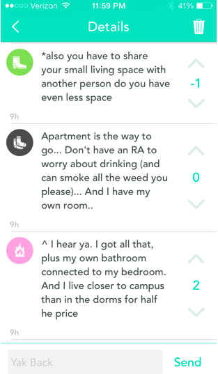 Screenshot of Yik Yak replies, Spring 2015. Replies include, '*also you have to share your small living space with another person do you have even less space,' and 'Apartment is the way to go....Don't have an RA to worry about drinking (and can smoke all the weed you please)...And I have my own room..'.