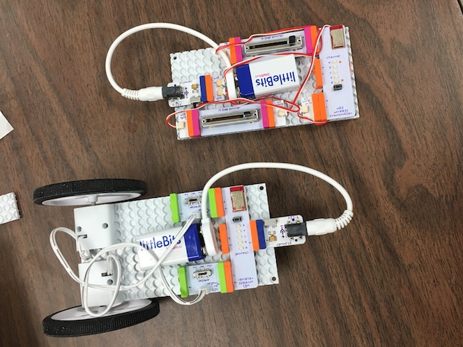 a view from above of the littleBits remote control car and the remote