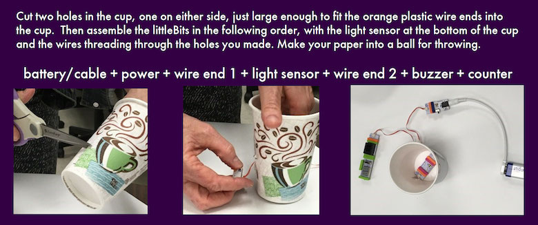 on a purple background is brief text explaining how to construct the game invention, accompanied by three images: 1) scissors cutting a hole into a cup; 2) hands placing the wiring through the hole; and 3) a fully constructed invention viewed from above