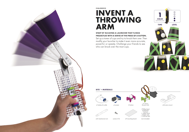 page from littleBits instructions for inventing a throwing arm; on the left, a hand holds a littleBits invention with a plastic cup affixed to it to launch objects; on the right are images of components for the invention and a stacked tower of plastic cups
