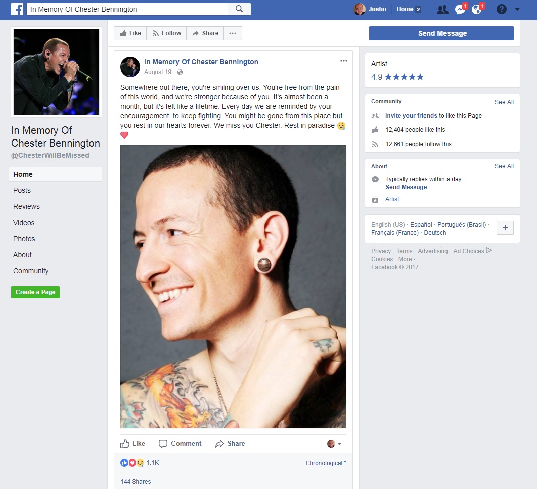 Screenshot of Facebook page titled In Memory of Chester Bennington
