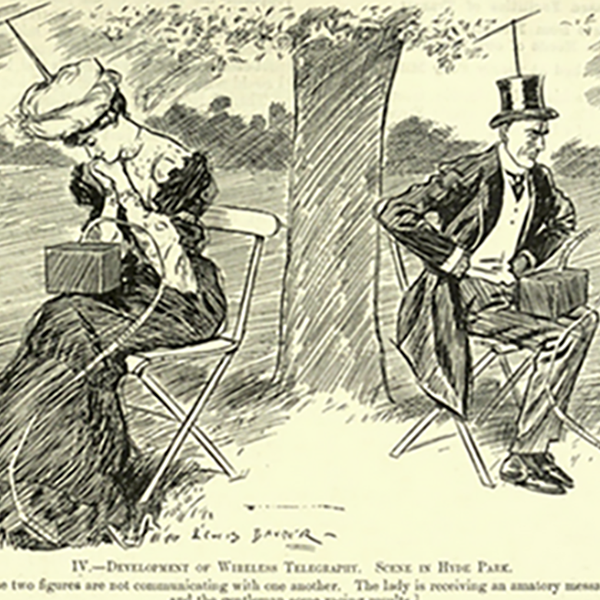 An illustration from 1906 depicts a woman in a bonnet
              and elegant dress and a man wearing a three-piece suit and
              top-hat watching as their personal telegraphs receive
              information. The caption of the illustration states: 'The
              two figures are not communicating with one another',
              envisioning the kind of phubbing that would occur in the
              age of the smart-phone.