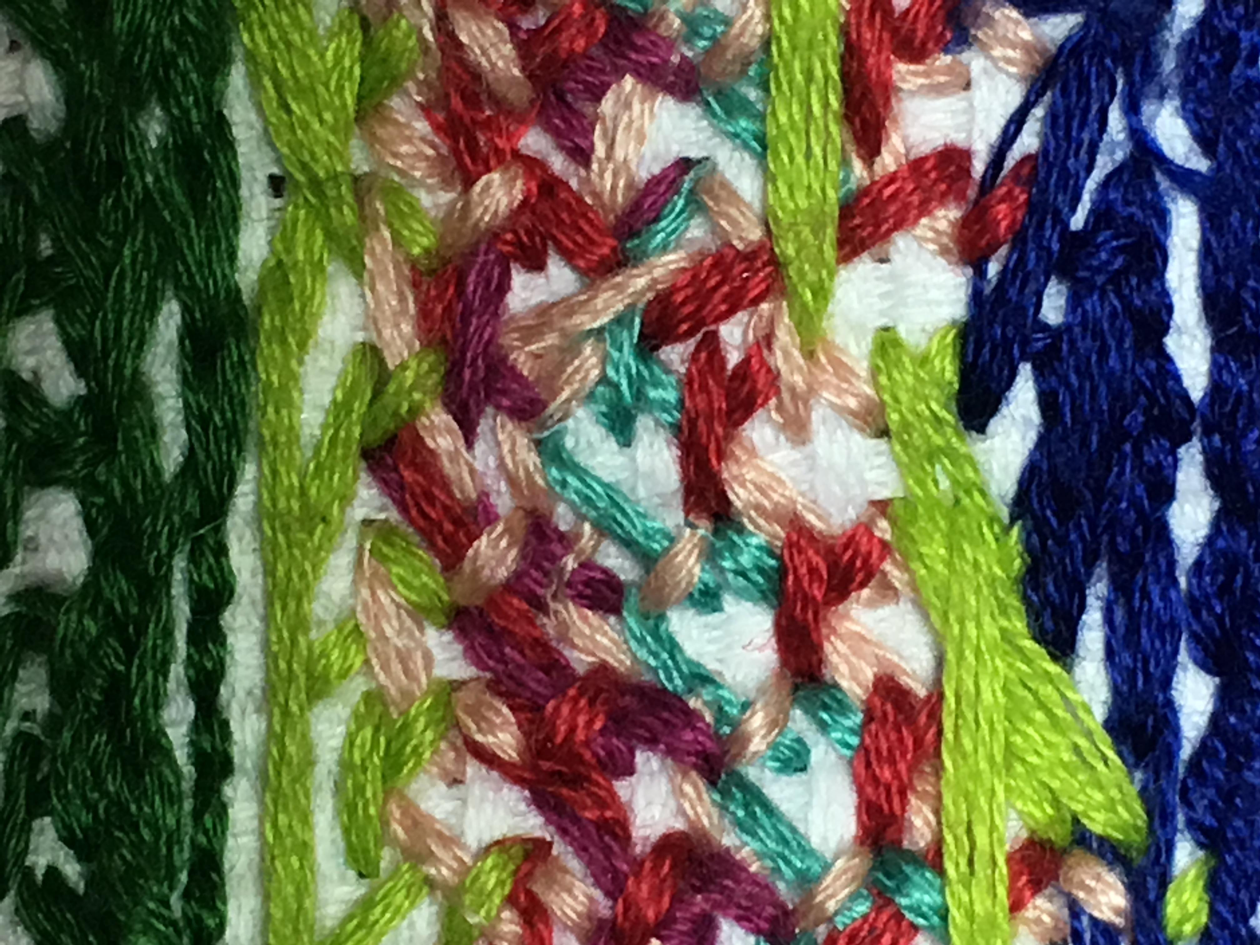 A close-up of the reverse side of a multi-colored cross-stitch pattern