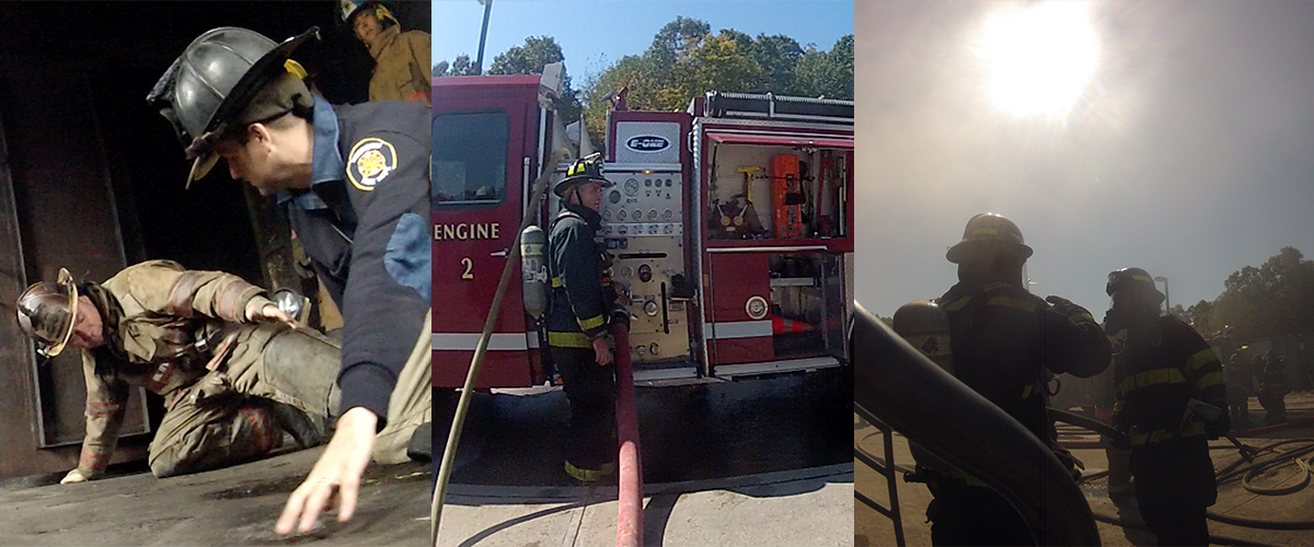 A series of three images depict firefighters enacting literacies. Left: Two fire instructors demonstrate how to use touch to maintain contact while spreading out across a room to search for victims; Center: a driver-operator operates a pump panel; visually depicted are labels and gauges that provide the driver-operator about the volume and pressure of water. Right: Two firefighters face each other while using gesture and devising a plan before entering a structure to extinguish a fire.