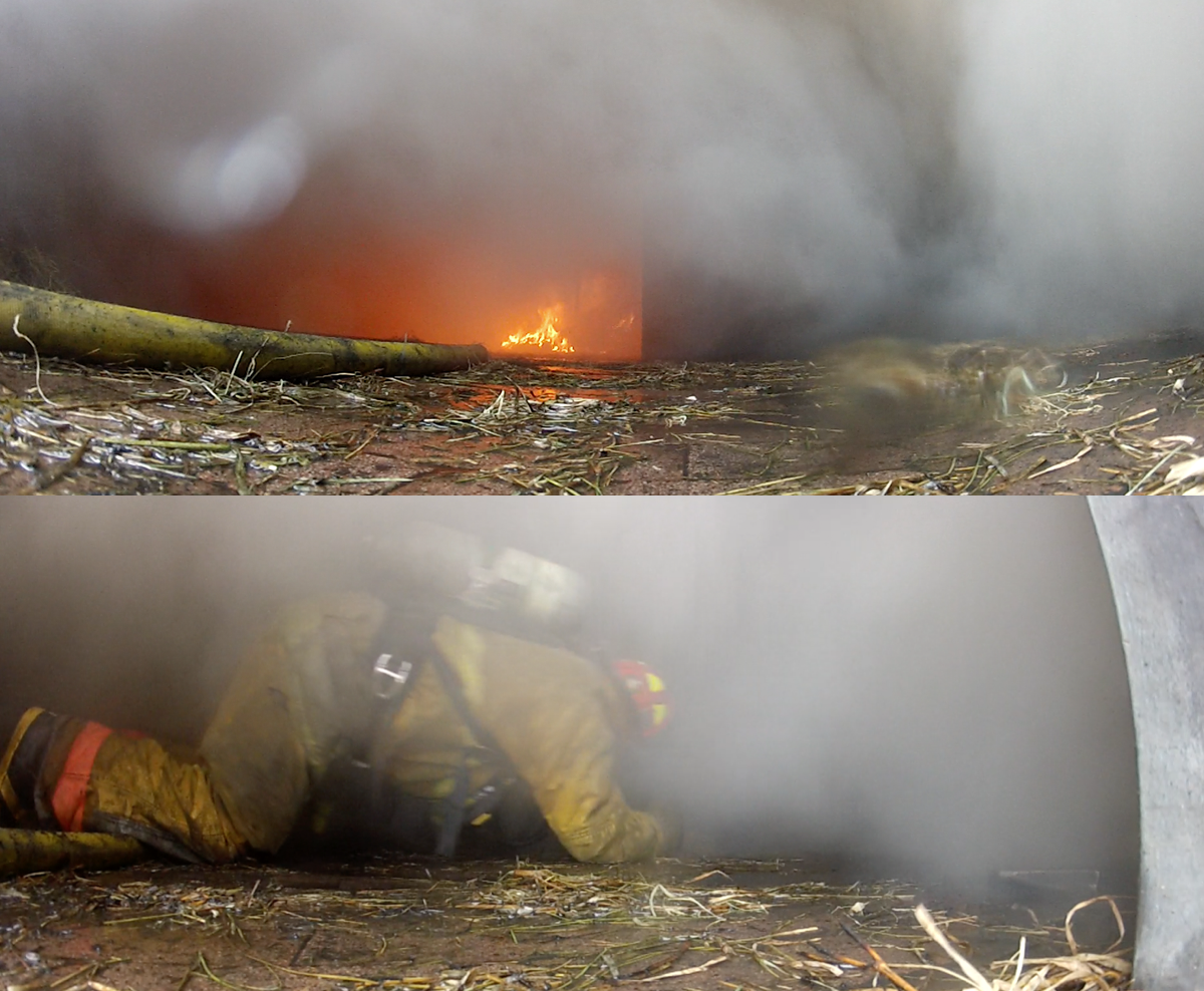 Two images depict a floor level view of a training center burn room. In the top image, smoke can be seen pushing down to the floor. In the bottom image, a firefighter crews on their elbows and knees to stay-low and avoid the heat.