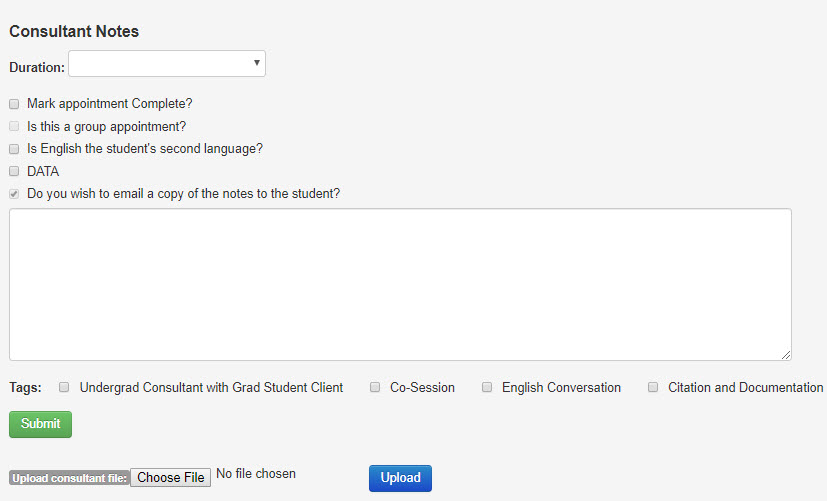 screenshot from TAMU's writing center consultant notes asking about duration, notes, and other data