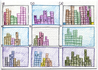 Addy Gutierrez card #3 front, nine squares, three columns, different colored bar charts