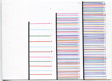 Ashley Shannon card #2 front three vertical columns with thin multicolor horizontal lines