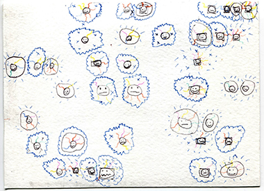 Daniel Carroll front postcard #1 squiggly circles with face icons in the center