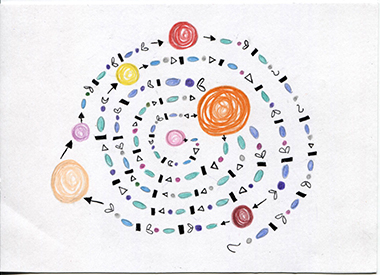 Deana Chae front postcard #1 spiral with colored circles and other symbols