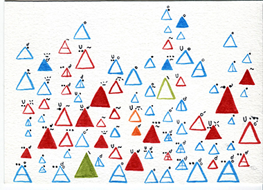 Jordan Metz card #1 front lots of different sized colored triangles with dots