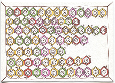 Takako Suzuki Postcard #1 rows of colored hexagons with clock symbols inside