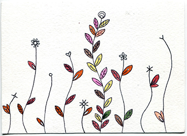 Tess Karl front postcard #1 nine curvy vertical lines with different colored leaves
