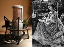 two pictures: one of a mircophone the other of an 18th century woman writing