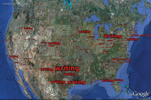 Aggregate map of writ(e, ers, ing), the most frequently-occurring term in online
Rhetoric and Composition journals, for the entire sample period (1996-2008).
