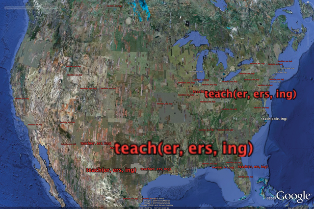 Aggregate map of teach(able, er, ers, ing), the third most frequently-occurring term
in online Rhetoric and Composition journals, for the entire sample period (1996-2008).