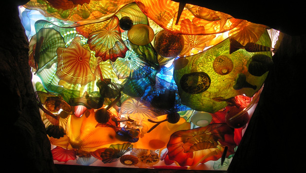 A ceiling filled with colorful glass scupltures