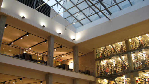 A photo of multiple floors in a library