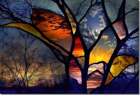 stained glass in nature with trees and sky 