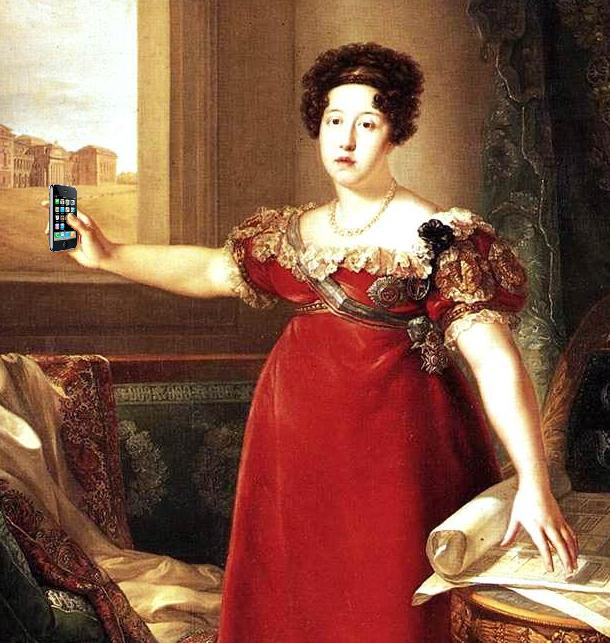 Queen Maria Isabel de Braganza with her iPhone