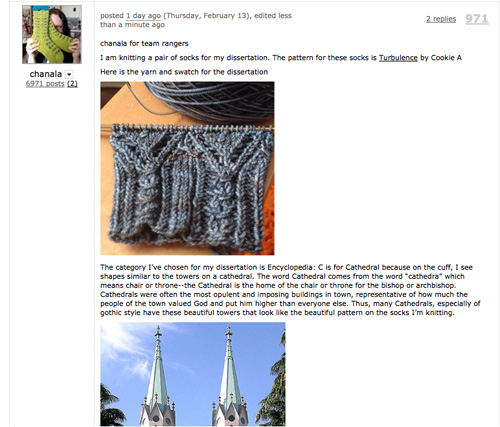 Screenshot from Ravelry of one of Hannah's blog posts, showcasing how one of the projects Hannah is working on and how it fits within a particular challenge, through which creators make projects centered around a particular theme.