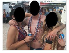 Candid picture of three teens (two women and one man) posing together, wearing swimsuits and Mardi Gras beads, holding beer cans. Their faces are marked out.