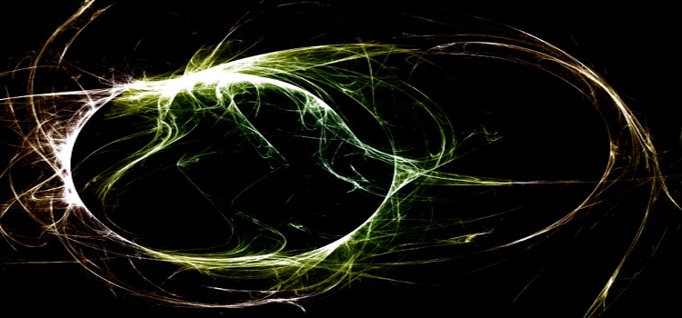 Abstract image of a swirl of green and peach light