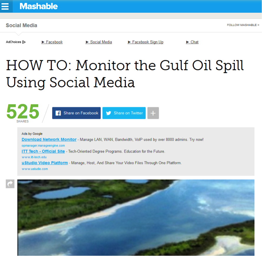 screenshot of Mashable Article on Gulf Oil Spill