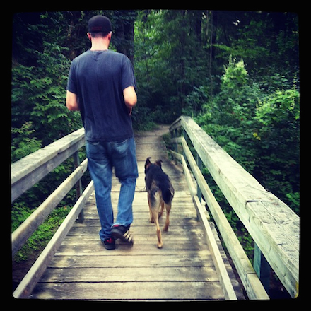 A man and a german shepherd walk away from the photographer across a wooden bridge, into a forest.