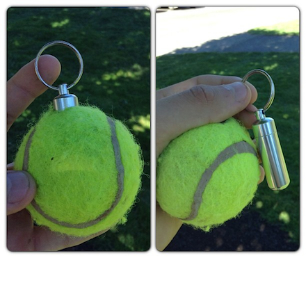 A tennis ball holds a slim silver tube inside. The photographer shows the ball before and after to reveal the hidden cache.